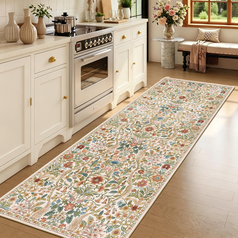 Washable Area Rug - Vintage Boho Botanical Low-Pile Rug, Beige/Ginger, Runner 3' x 7'