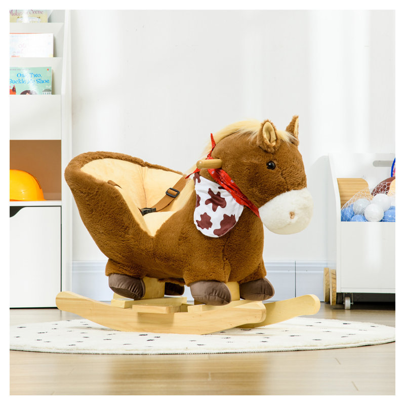 Cheval à bascule Qabo avec effets sonores, jouet en peluche sur base en bois