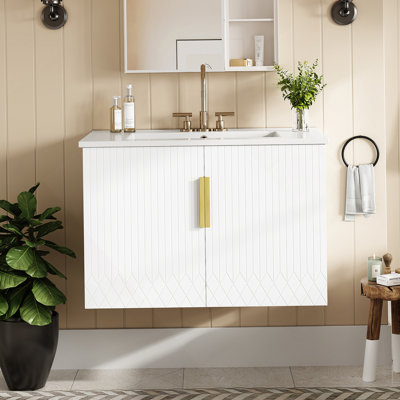Meuble-lavabo vintage de 30 pouces avec lavabo et rangement en céramique, panneau de fibres à densité moyenne durable et fabrication en bois massif, idéal pour les salles de bain modernes