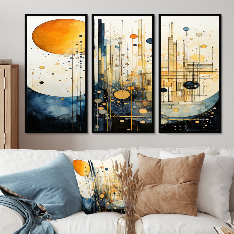 Pleine lune, musique, montagnes, paysage abstrait, ensemble d'art mural, Cadre flottant noir, H 32 po x l 48 po x P 1 po