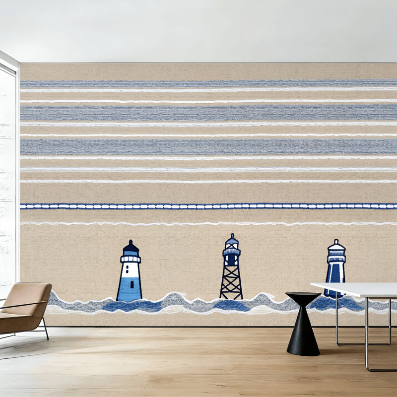Papier peint adhésif mural style phare rétro bleu marine Lines de l'océan H 100 po x l 144 po, papier peint adhésif amovible pour chambre à coucher, bureau à domicile