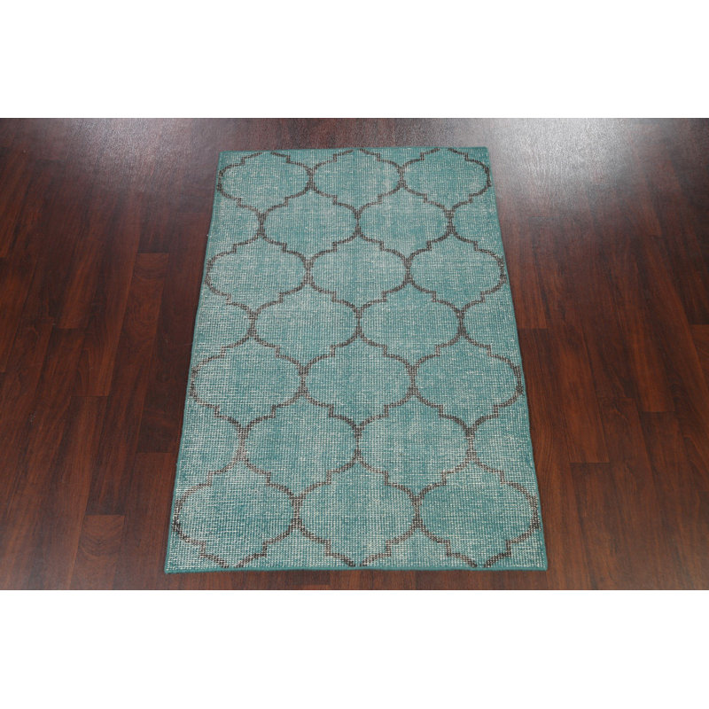 Tapis vert en laine noué à la main de conception unique 3 pi 8 po x 5 pi 7 po