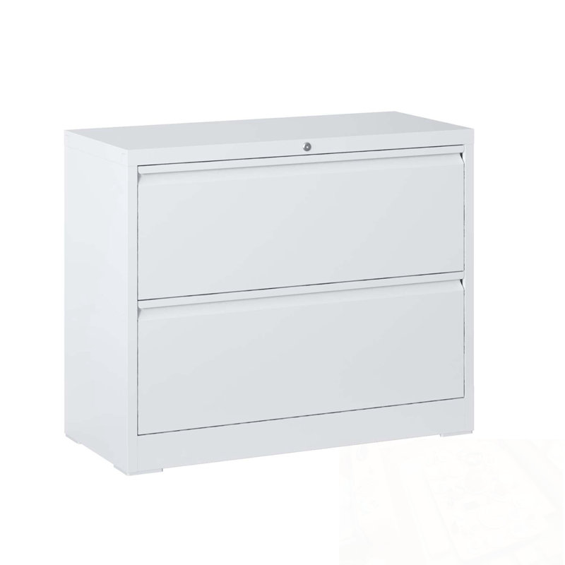 Wide Metal File Cabinet with 2 Drawers and Lock, White