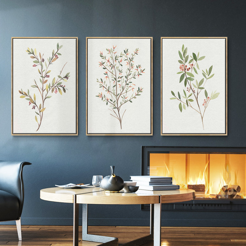 Ensemble de 3 pièces encadrées sur toile simple Sprig II, Naturel, H 27 po x l 54 po