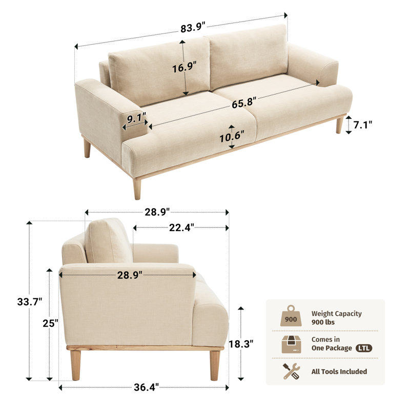 83.85" Modern Sofa Chenille Wooden Upholstered Couch, Beige