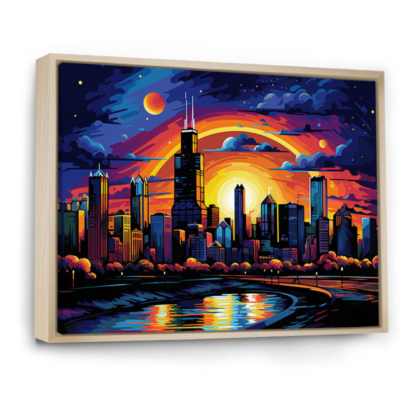 Chicago Popart I sur impression sur toile, Cadre naturel flottant, H 34 po x l 44 po x P 1,5 po