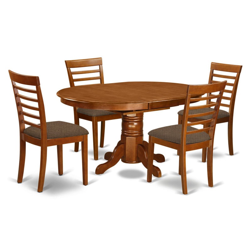 5 Piece Dinette Set for 4 Includes an Oval Dining Room Table with Butterfly Leaf and 4 Linen Fabric Dining Chairs, Saddle Brown