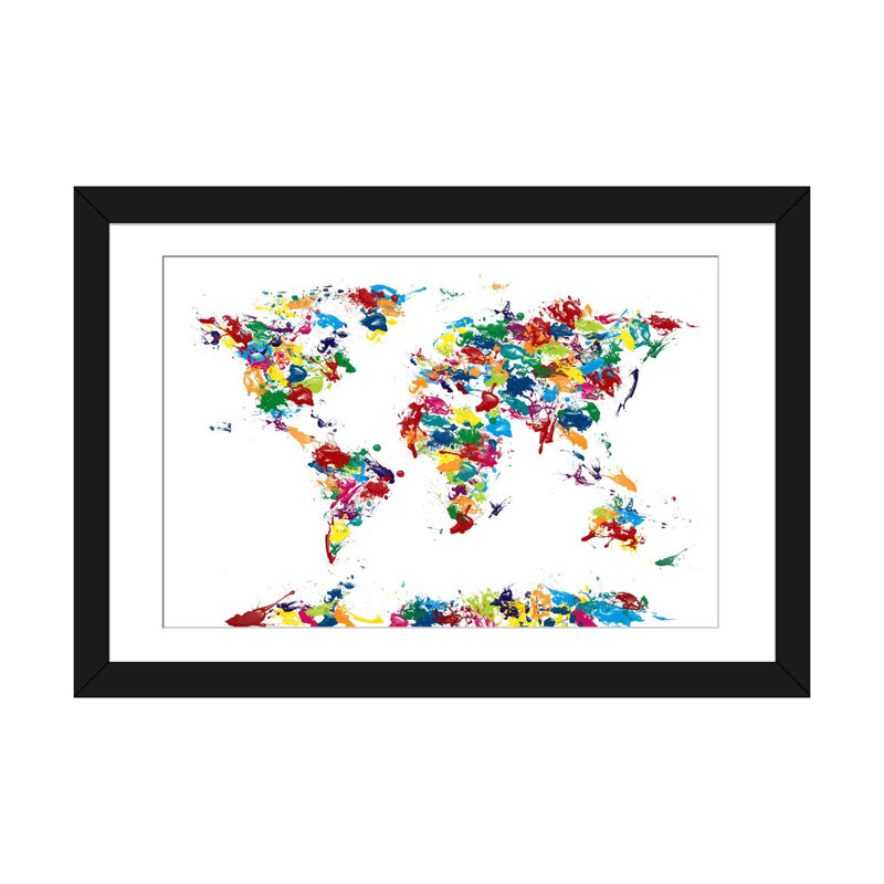 «World Map Paint Drops», impression sur toile, H 16 po x l 24 po x P 1 po, Papier d'art encadré noir, Blanc