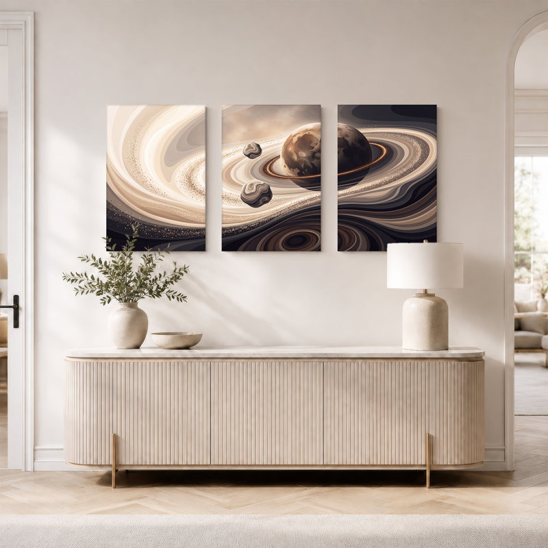 Ensemble d'anneaux sur toile à anneaux et planètes lunes en beige, 18"H x 12"W x 3pcs