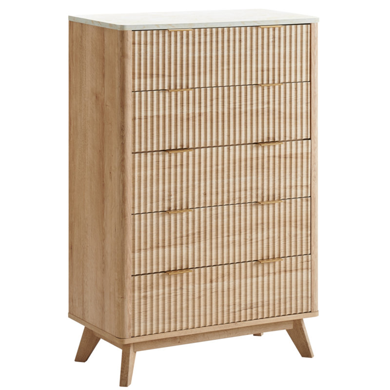 Siyuan Fluted Design 5-Drawers Dresser Organizer, Wood Tall Chest of Drawers