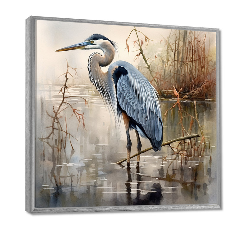 «Graceful Heron Waterbird IV - Heron», art mural, H 30 po x l 30 po, Argent argent, Reproduction avec cadre flottant