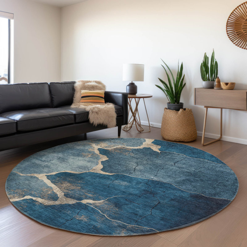 Machine Washable Indoor/Outdoor Xhevrie Navy Rug, Round 8'