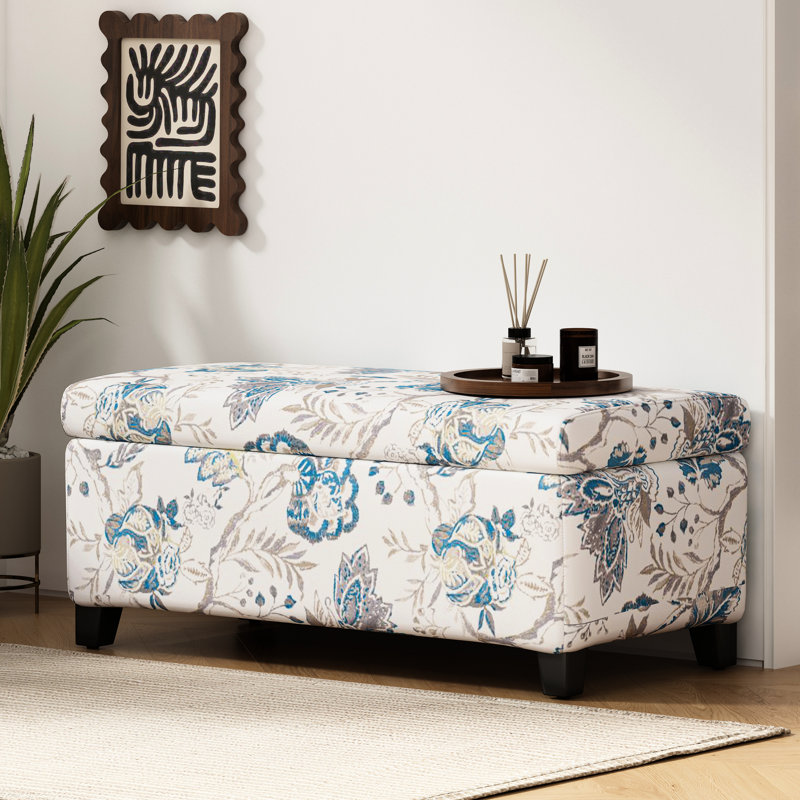 Rangement multifonctionnel à fleurs bleues avec charnières à fermeture douce, matériau, convient à la chambre à coucher et au rangement de couvertures supplémentaires de luxe, fonctionne comme repose-pieds, range-magazines dans le bureau