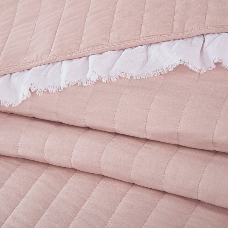 Twin Blush Cotton Reversible Quilt Set with Ruffled Edges