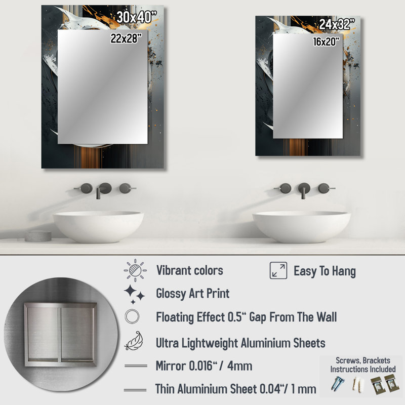 Black And Gold Abstract Shapes And Lines IV - Abstract Shapes Unique Wall Mirror, Gold Mirror, Printed Metal Art, 32" x 24"