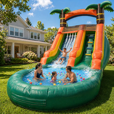 Glissade d'eau gonflable en PVC de qualité commerciale 21 pi avec piscine Splash et souffleur d'air, grand parc aquatique pour enfants