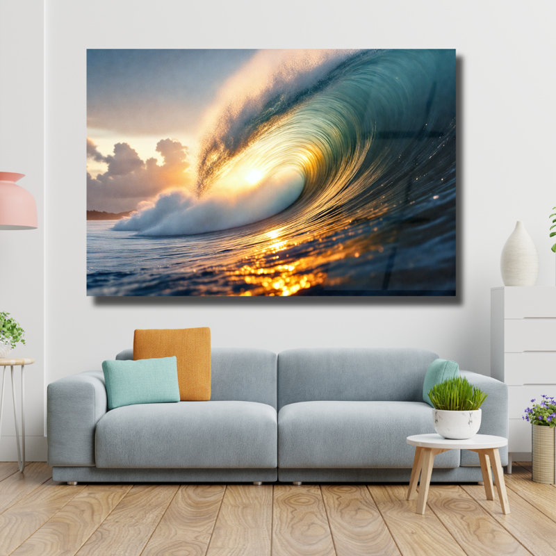Art mural en verre trempé Sunset Ocean Wave, 12" H x 16" W