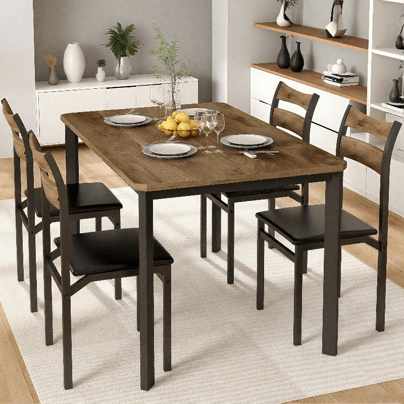 Dining Table Set For 4, 43.3" Kitchen Table And Chairs Set Of 4, 5-Piece Industrious Wood Dining Room Table Set With 4 Upholstered PU Leather Chairs For Small Space, Breakfast Nook, Apartment
