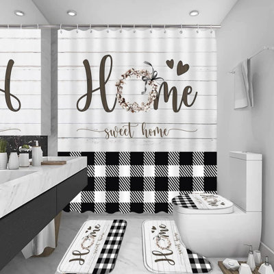 Home Sweet Home Plaid Shower Curtain Sets & Bathroom Mat, Set of 4, White