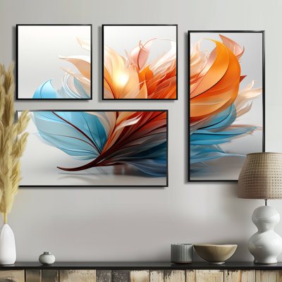 Fractale plume bohème orange et turquoise I - art mural moderne 4 pièces