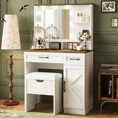 Meuble-lavabo de ferme avec miroir et lumières, 3 modes d'éclairage, ensemble de coiffeuse avec tabouret, coiffeuse avec tablettes réglables, 2 tiroirs et armoire latérale pour la chambre à coucher, blanc