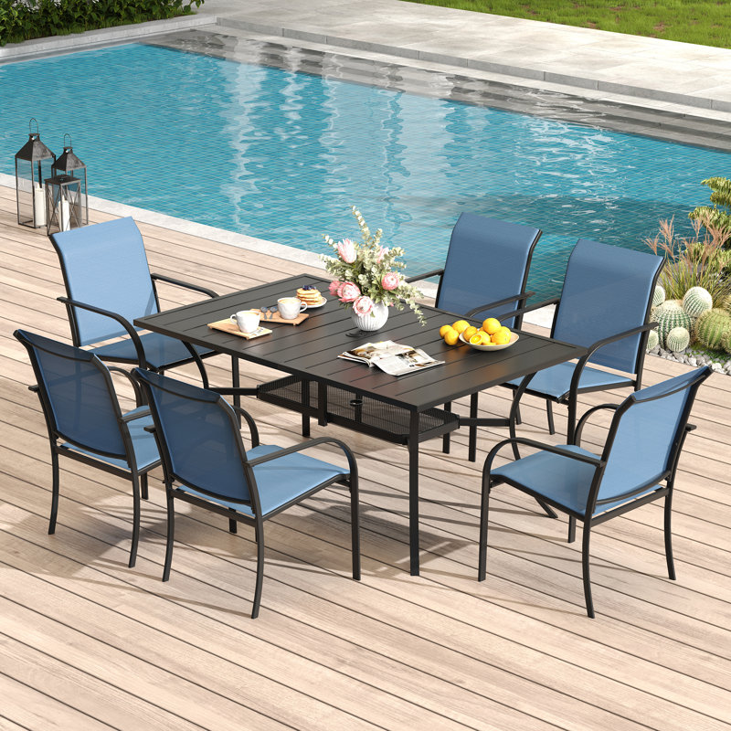 Ensemble repas d'extérieur rectangulaire pour 6 personnes L 60 po avec 6 accoudoirs empilables en PVC-coated polyester Cihangir