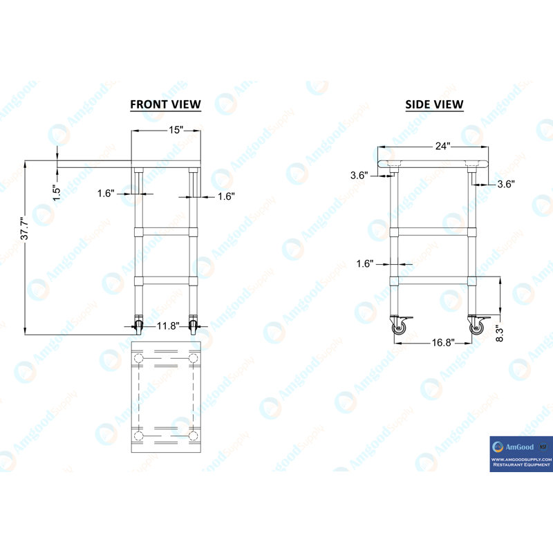 Rolling Prep Table with Stainless Steel Top, 38" H x 15" W x 24" D