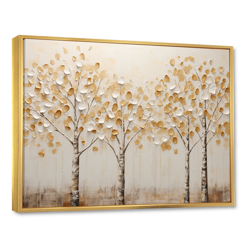 Harmonie d'arbres beiges - art mural arbres, Cadre flottant doré, H 34 po x l 44 po x P 1,5 po