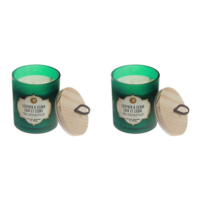 Haight 7Oz Green Jar Scented Candle With Lid Leather & Cedar - Set Of 2