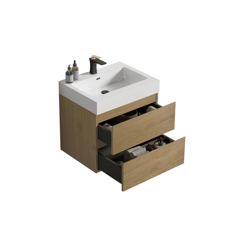 Meuble-lavabo suspendu moderne en bois naturel de 24 pouces avec lavabo blanc intégré et 2 tiroirs de rangement, fixé au mur et entièrement assemblé
