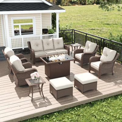  10 Piece Wicker Outdoor Furniture Set with 6-inch Comfy Cushions, High Back Patio Furniture Set with Swivel Rocking Chairs and Fire Pit Table