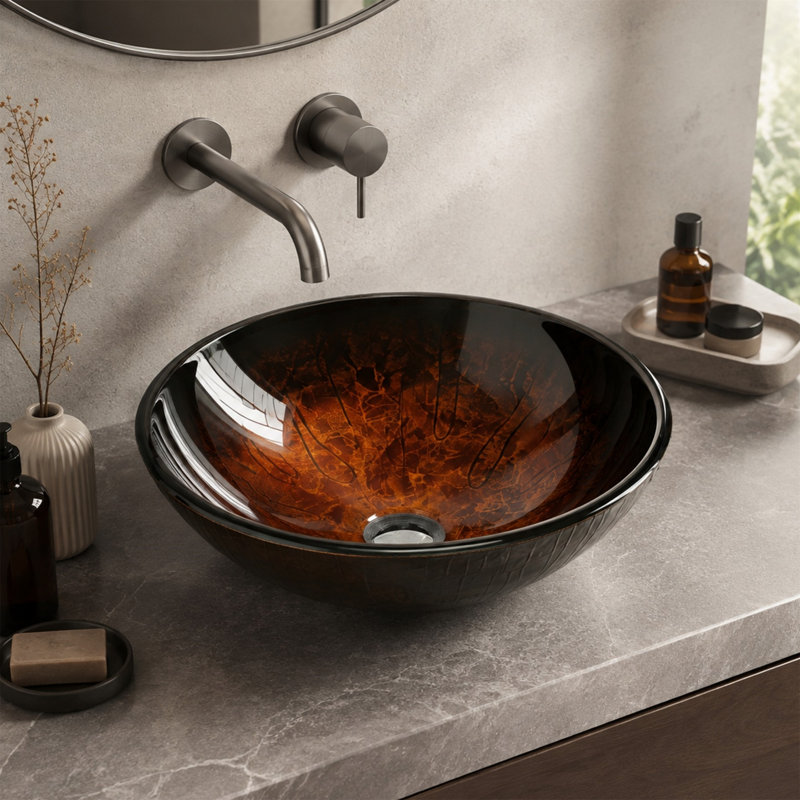 Lavabo vasque rond en verre trempé 17 po, dégradé ambré, bassin d'art texturé