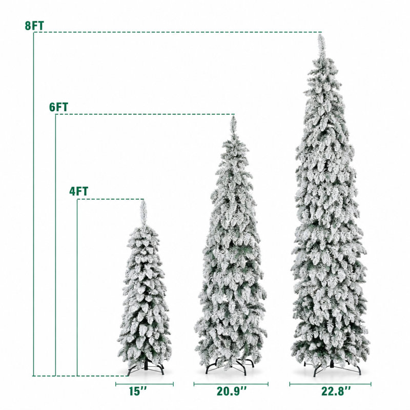 8FT, 6FT, 4FT Pre-Lit Pencil Christmas Trees, 3-Set Slim Artificial Christmas Tree With Snow Flocking, Xmas Holiday Decoration Tree, 1455 Branch Tips, 520 LED Lights, 11 Lighting Modes