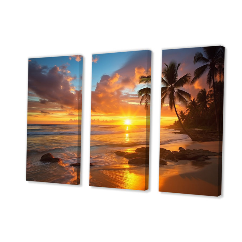 Plage, coucher de soleil, sérénade, impression sur toile 3 pièces, H 40 po x l 60 po x P 1 po