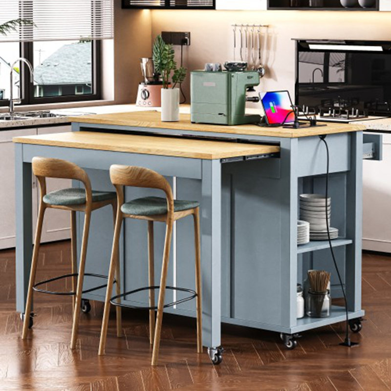 Vintage Two-Tone Kitchen Island with Embossed Texture, Extendable Dining Top & Built-in Power Outlet, Versatile Storage Cabinet