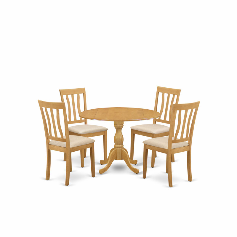 Ensemble de table à manger 5 pièces pour 4 personnes comprenant une table de salle à manger ronde avec Dropleaf et 4 chaises de salle à manger en tissu de lin, 42 x 42 pouces, chêne