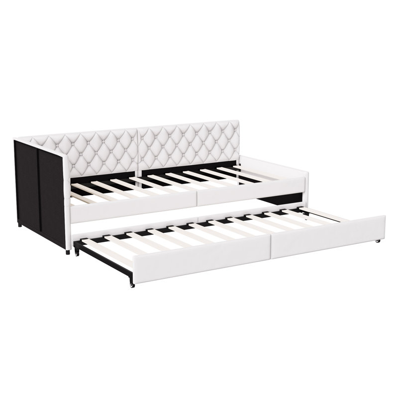 90×200cm Upholstered Daybed, L-Shaped Pull Out Sofabed, Beige