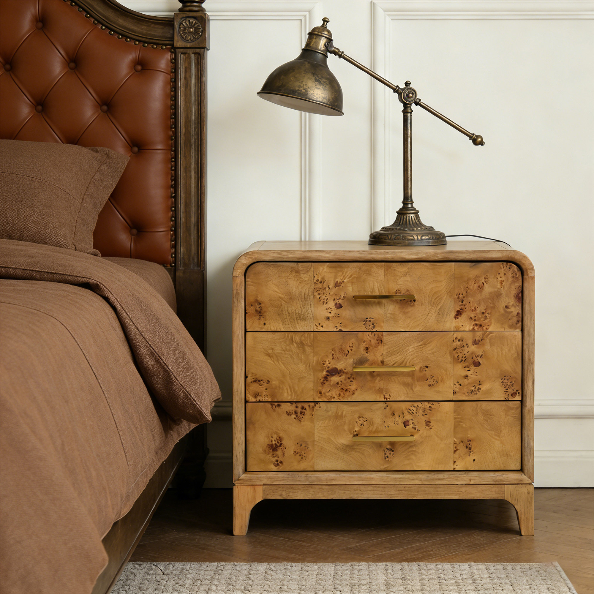 Adden Burl Wood 3-Drawer Nightstand, Oak