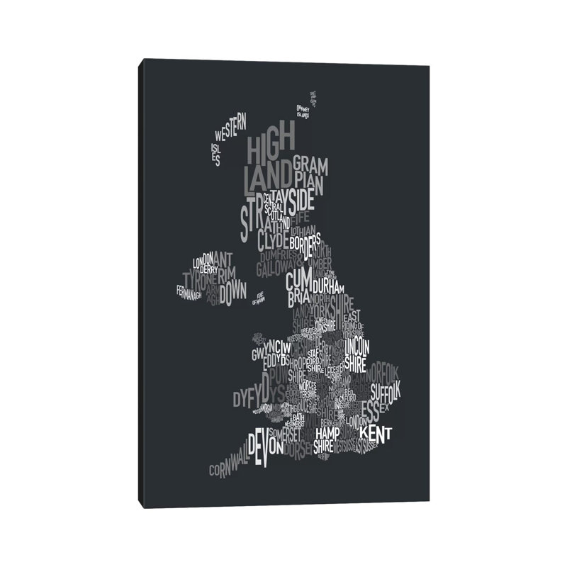 Great Britain UK County Text Map II by Michael Tompsett - Wrapped Canvas Print, 30.48 cm H x 45.72 cm W