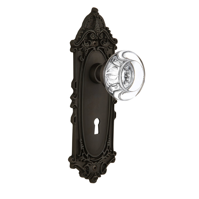 Victorian Plate with Decorative Keyhole and Round Clear Crystal Door Knob, 2-3/4”, Oil-Rubbed Bronze