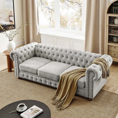 Chesterfield Sofa Tufted Linen Upholstered 3-Seater Sofa