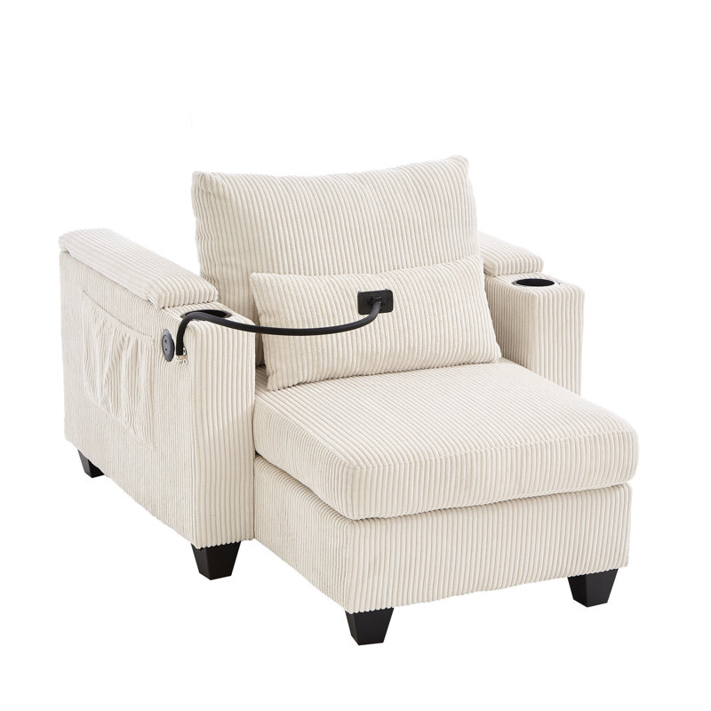 Chaise en velours côtelé beige avec porte-gobelets, compartiments de rangement et organisateurs latéraux multifonctionnels pour petits espaces