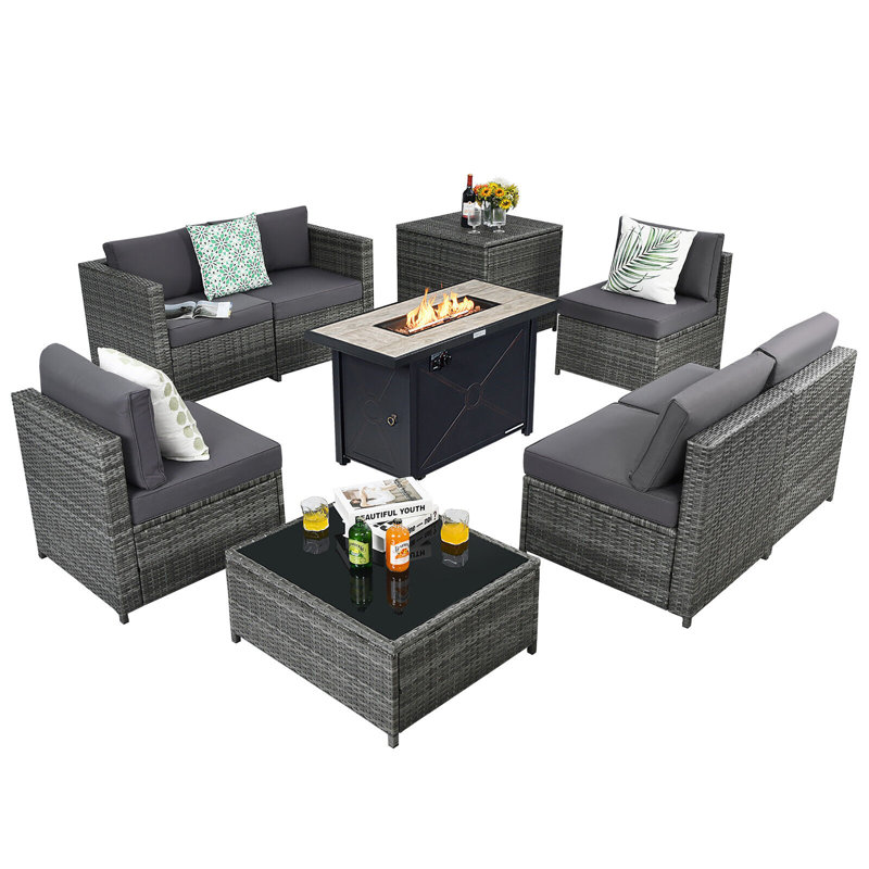Ensemble de conversation modulaire en rotin 9 pièces avec coussins Amrooti, Gris