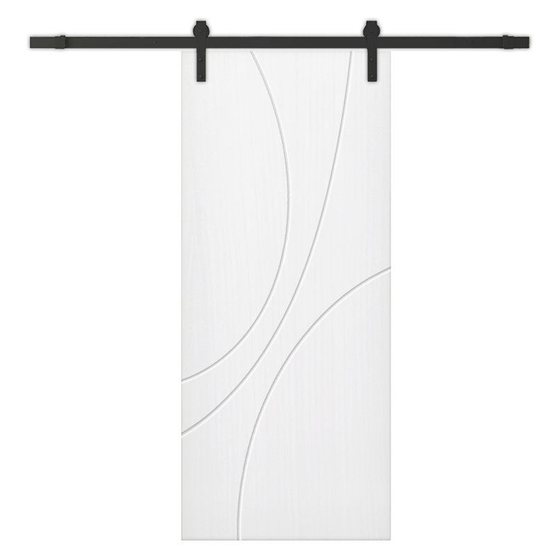 Porte de grange à panneaux et en bois avec quincaillerie d'installation, 36 po x 96 po, Blanc, Noir mat