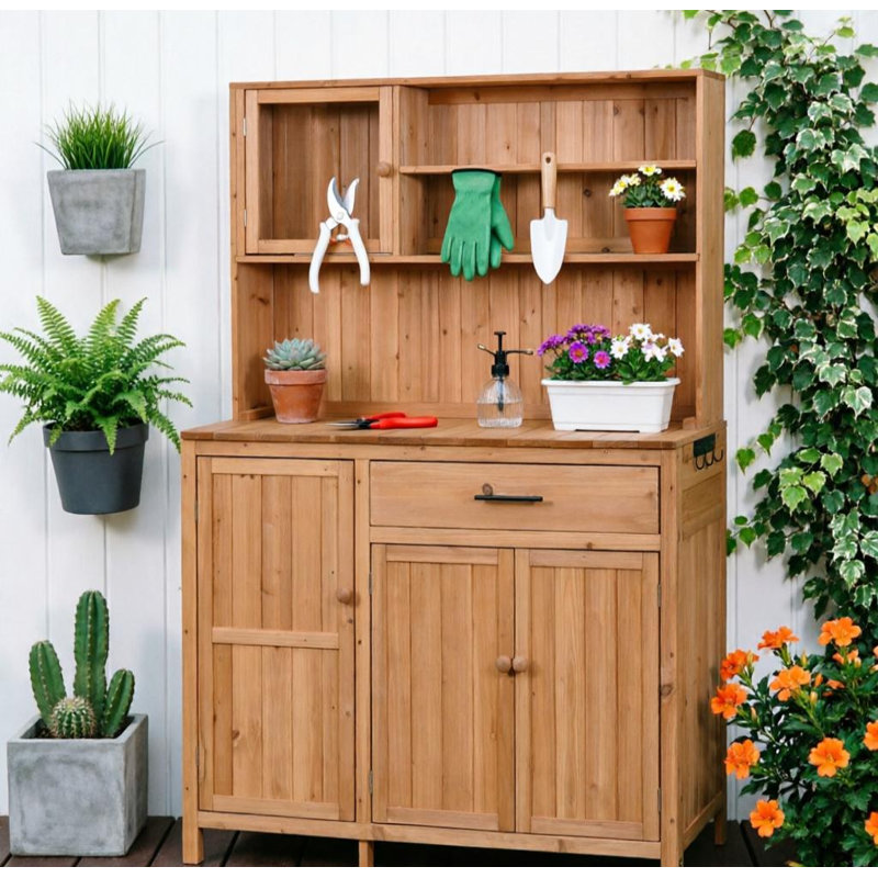 Table de jardinage extérieure multifonctionnelle et îlot de cuisine avec tiroir et portes doubles, Naturel