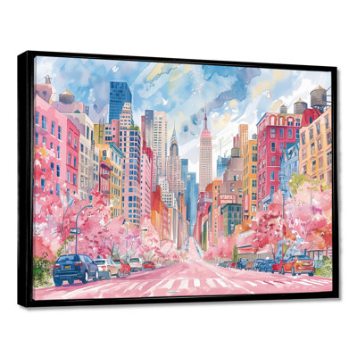 Rose, bleu, bâtiments de New York en été - salon d'art mural de New York