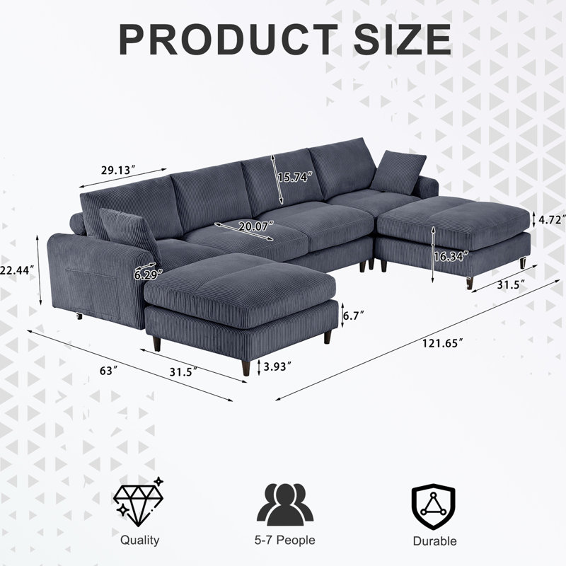 Modular Section U-Shaped Sofa Couch, Gray Corduroy Incorrect 1
