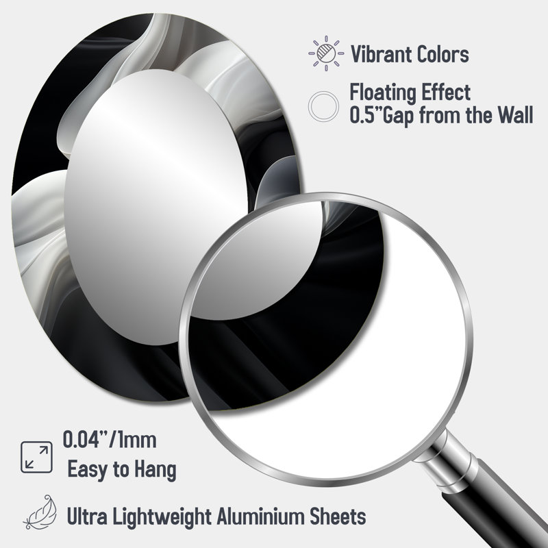 White Black Abstract Turbulence - Large Oval Wall Mirror On Metal, 40" x 30"