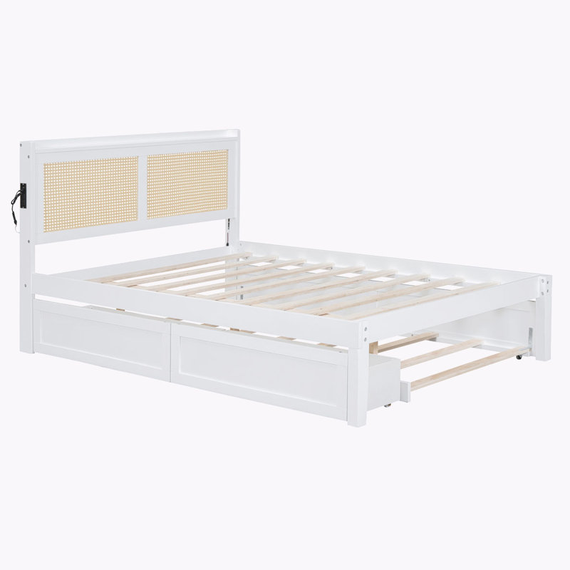 Davied 2 Drawers Standard Bed with Trundle, Built-in LED Lighting and USB Ports, Full, White