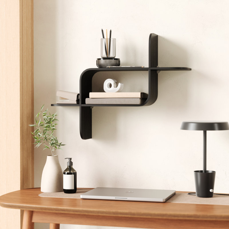 Black Rubberwood Modern Floating Wall Shelf Set
